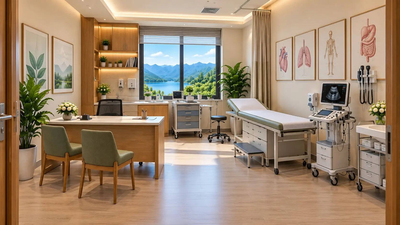 Phối cảnh phòng khám với giường khám và thiết bị siêu âm