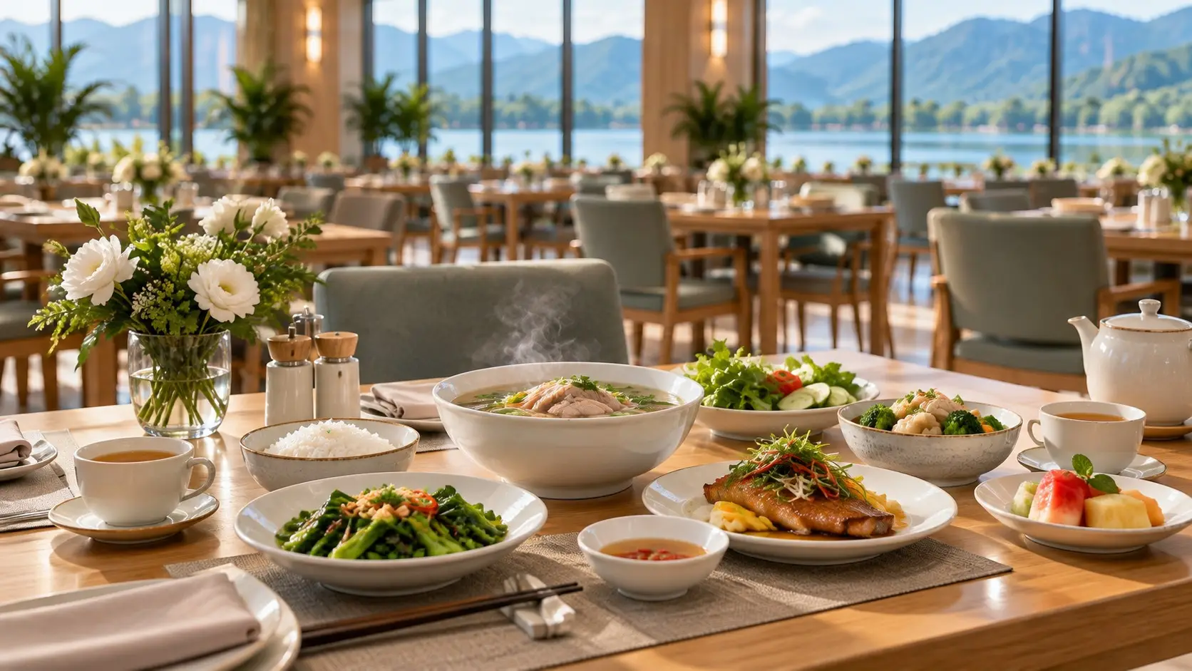 Phối cảnh bàn ăn với các món rau, cá và canh nóng bên cửa kính nhìn ra hồ