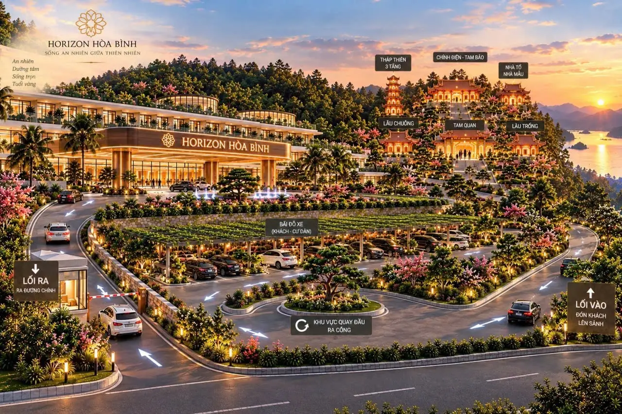 Phối cảnh toàn khu Horizon Hoà Bình lúc hoàng hôn: toà nhà chính có biển tên, bãi đỗ xe có giàn cây, lối vào và lối ra, khu chùa tháp trên sườn đồi nhìn ra hồ