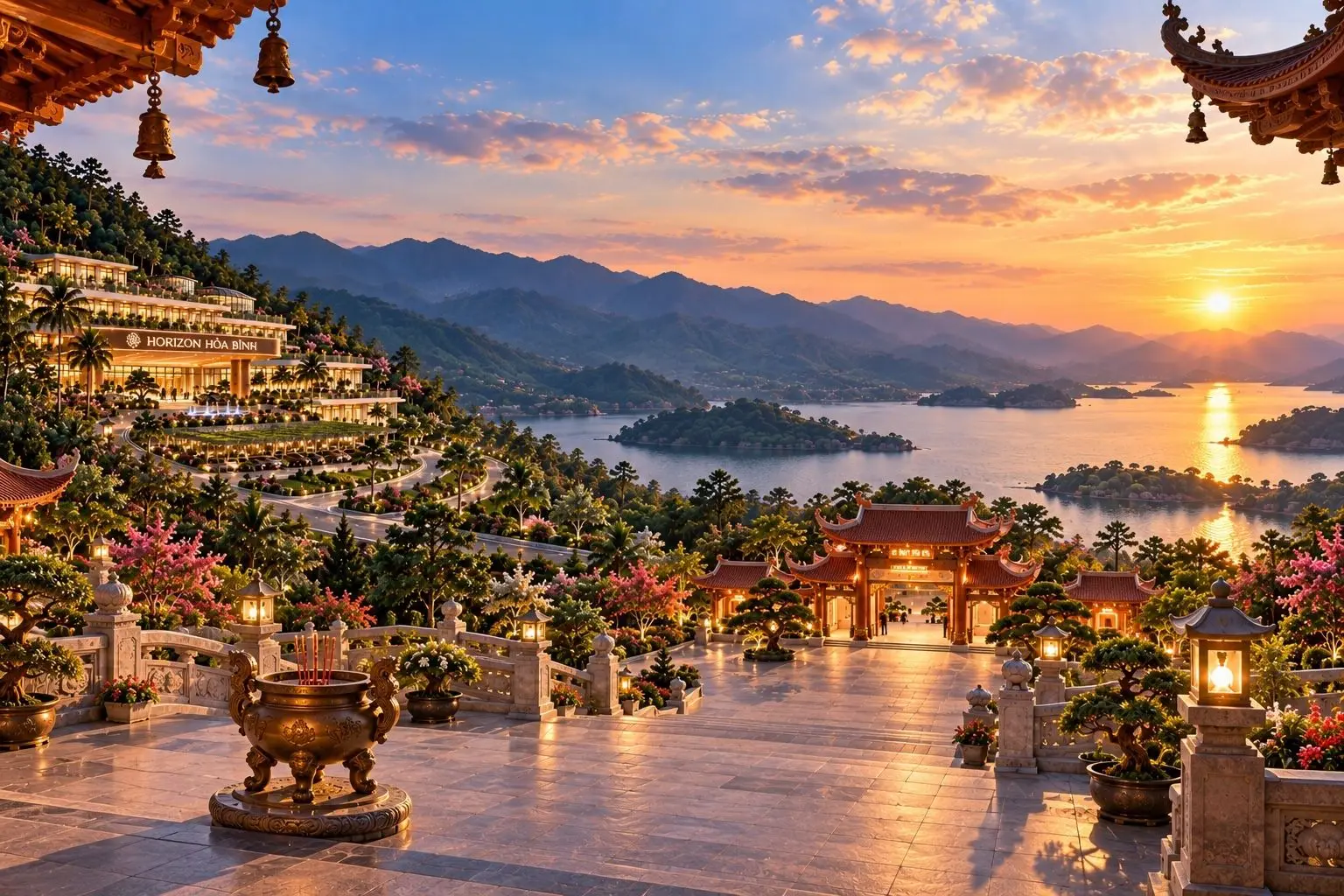 Phối cảnh nhìn từ sân đá có lư hương xuống toà nhà Horizon Hoà Bình, cổng tam quan, hồ nhiều đảo nhỏ và dãy núi lúc mặt trời lặn