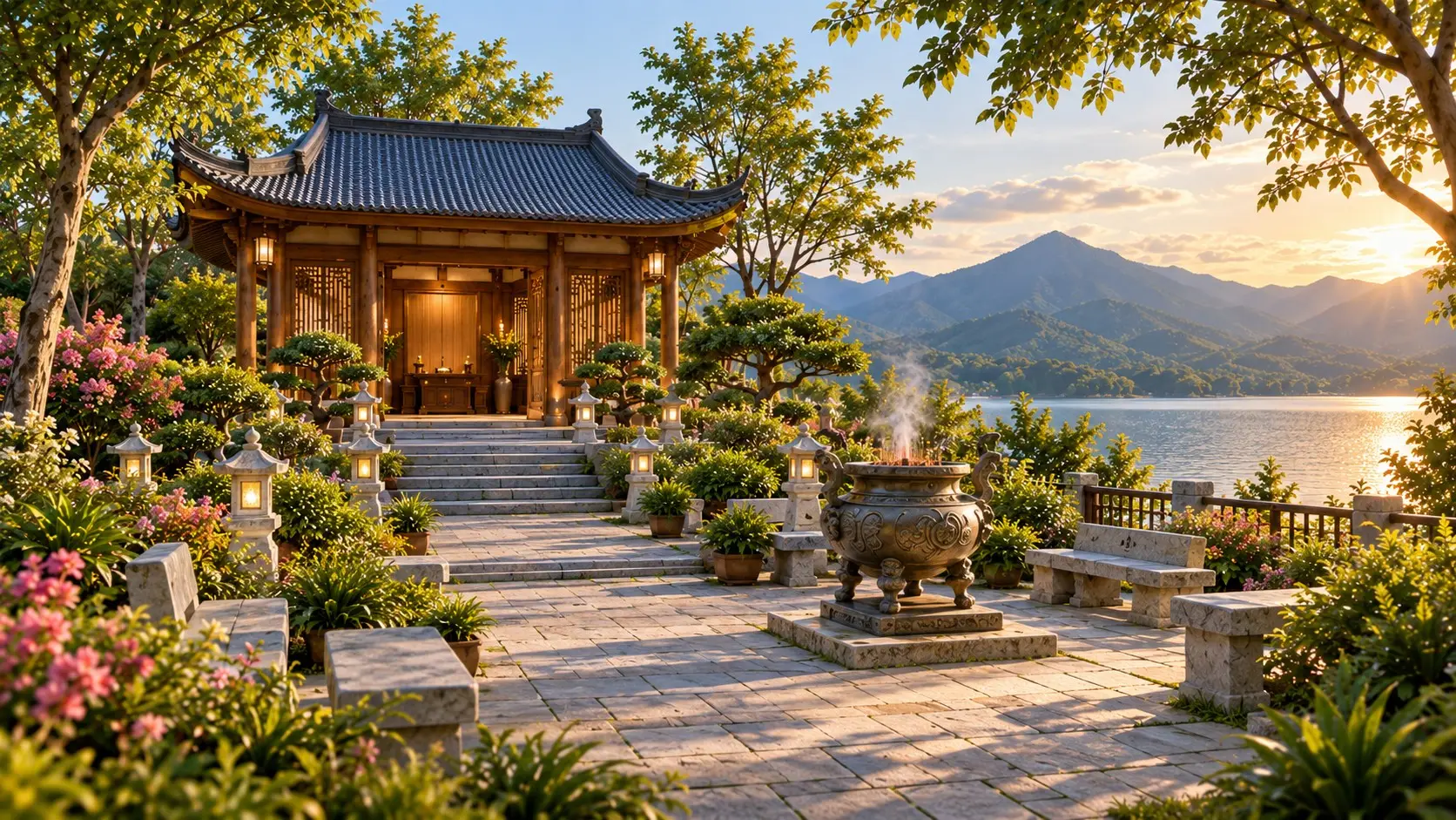 Phối cảnh phòng thờ mái ngói truyền thống cuối lối đá giữa vườn, nhìn ra hồ lúc hoàng hôn