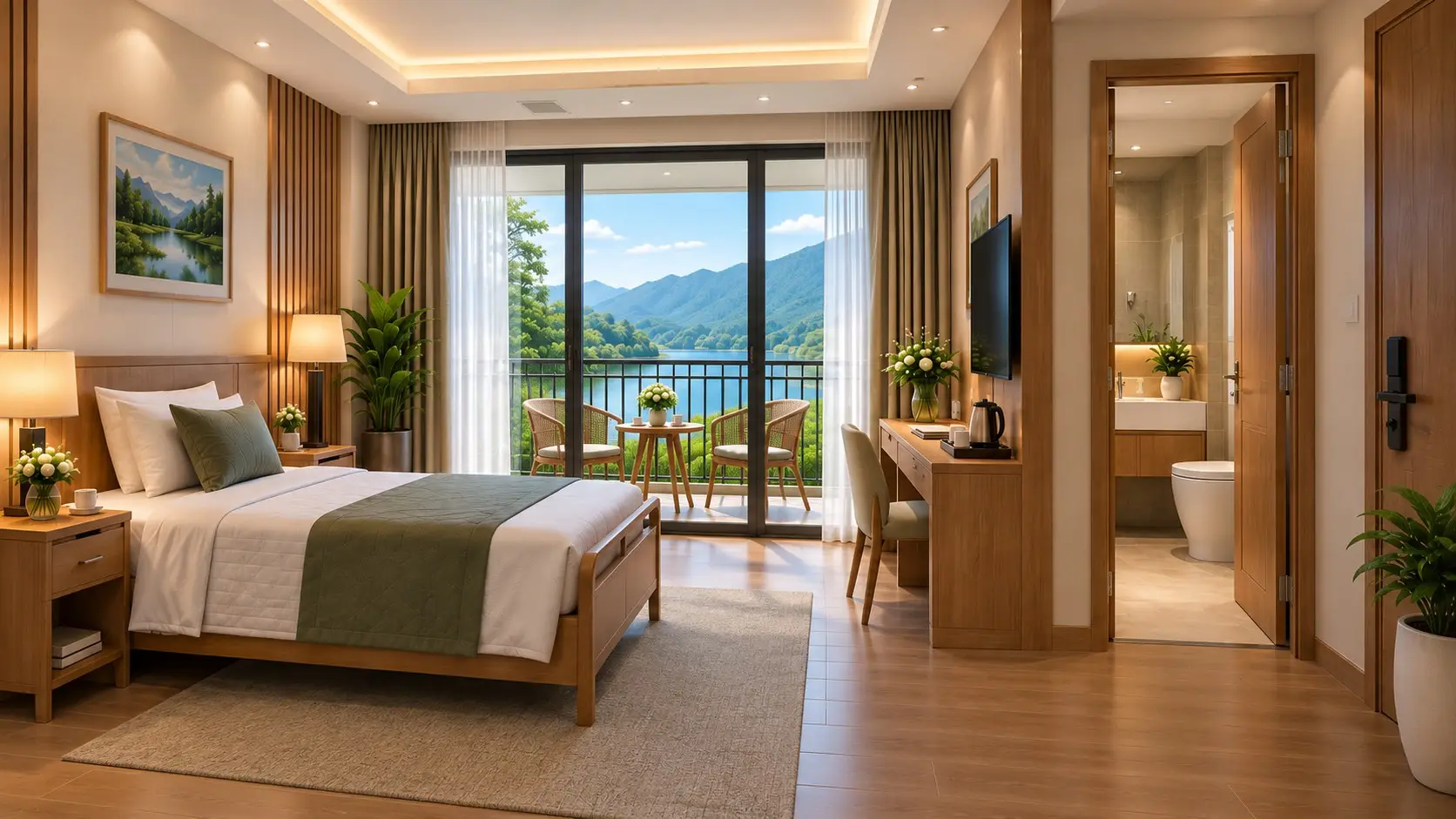 Phối cảnh phòng đơn với giường, bàn làm việc và khoảng mở ra ban công