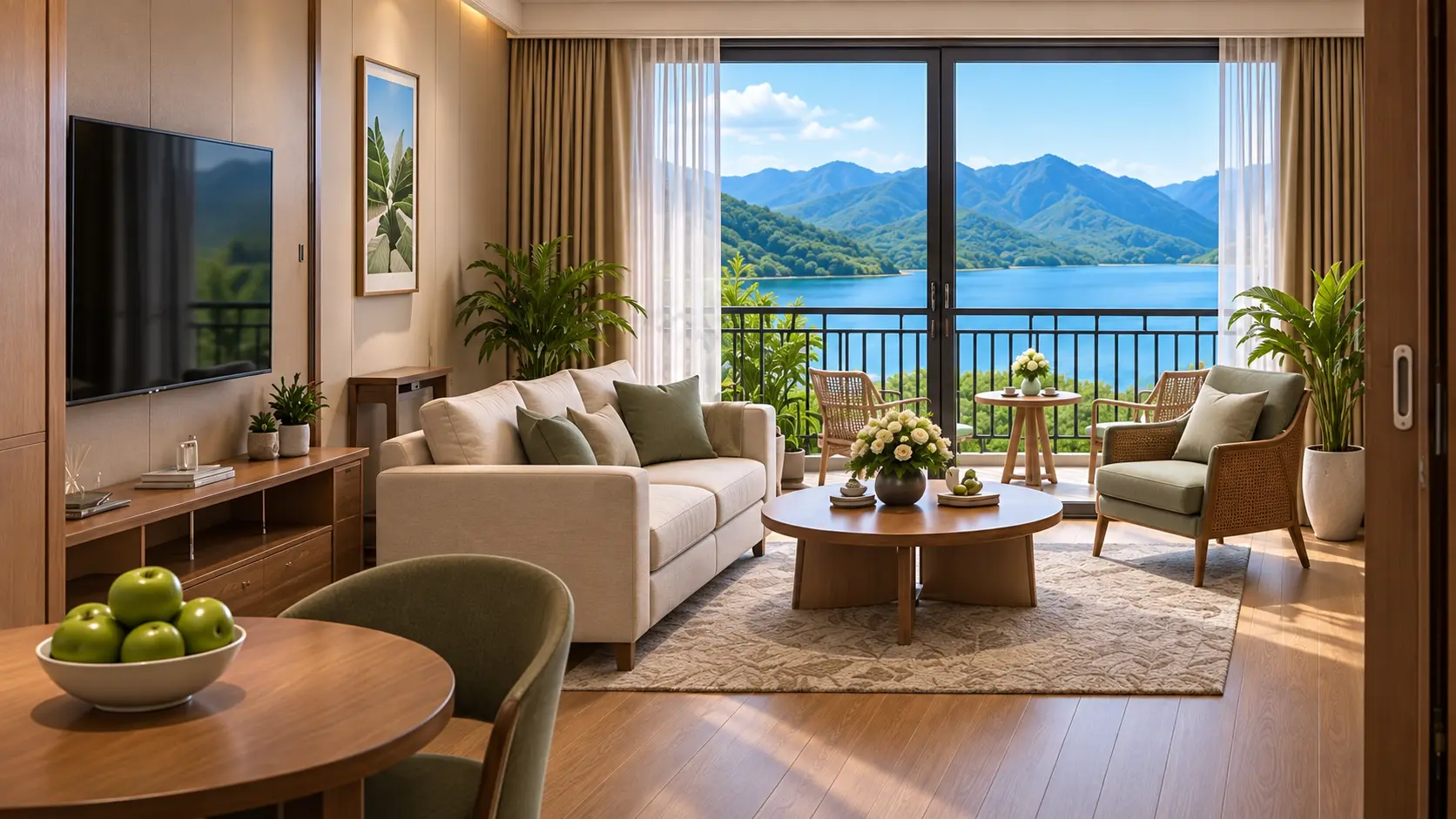 Phối cảnh phòng khách Deluxe Suite với ban công và khung cảnh hồ núi