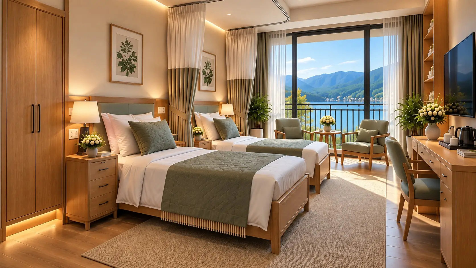 Phối cảnh phòng đôi gồm hai giường riêng và khu ngồi trò chuyện