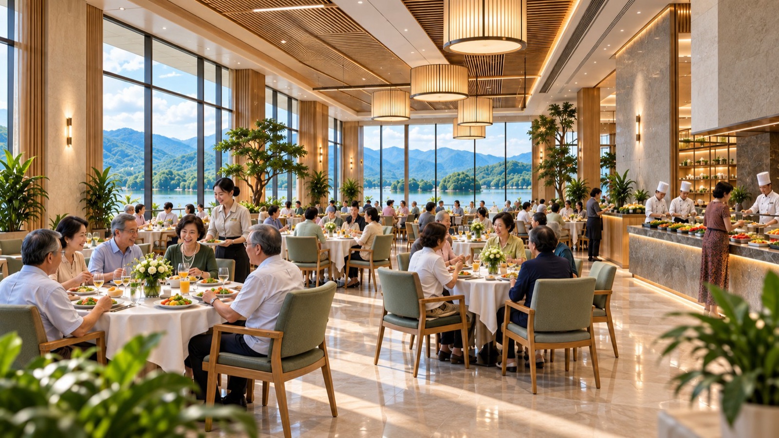 Phối cảnh nhà hàng ven hồ của khu nghỉ dưỡng cho người cao tuổi Horizon Hoà Bình